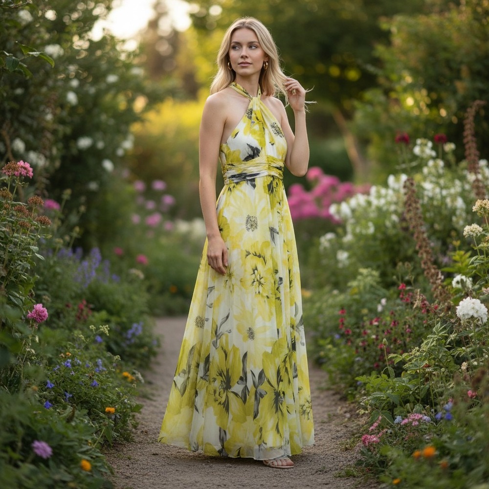 Calvin Klein Womens Yellow Floral Halter Maxi Dress Gown CD0B2Y70 Size 4 NEW
